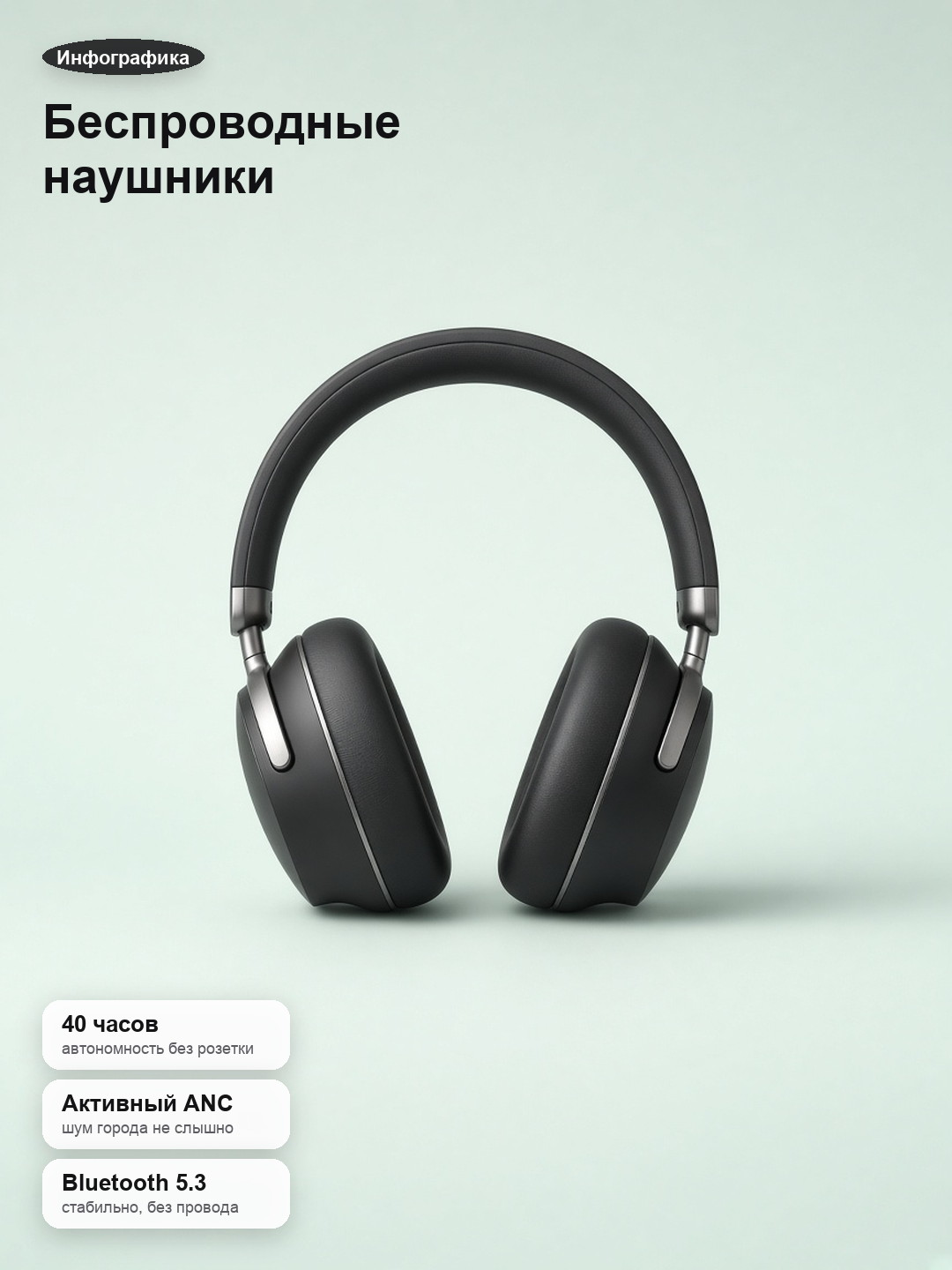 Инфографика карточки товара: беспроводные наушники с выгодами на кадре