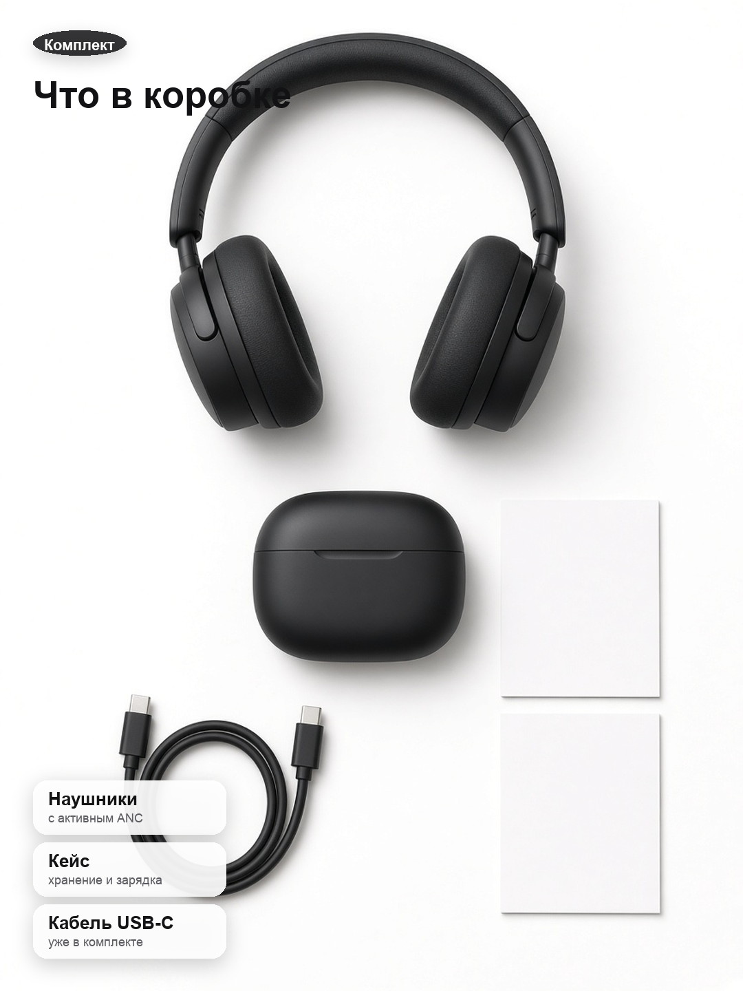 Карточка комплекта: наушники, кейс и кабель USB-C